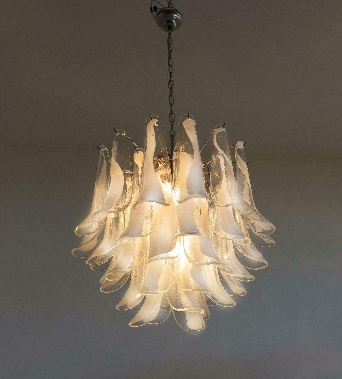 photo buy Pair Of Italian 41 White Petal Murano Chandeliers, Mazzega Style