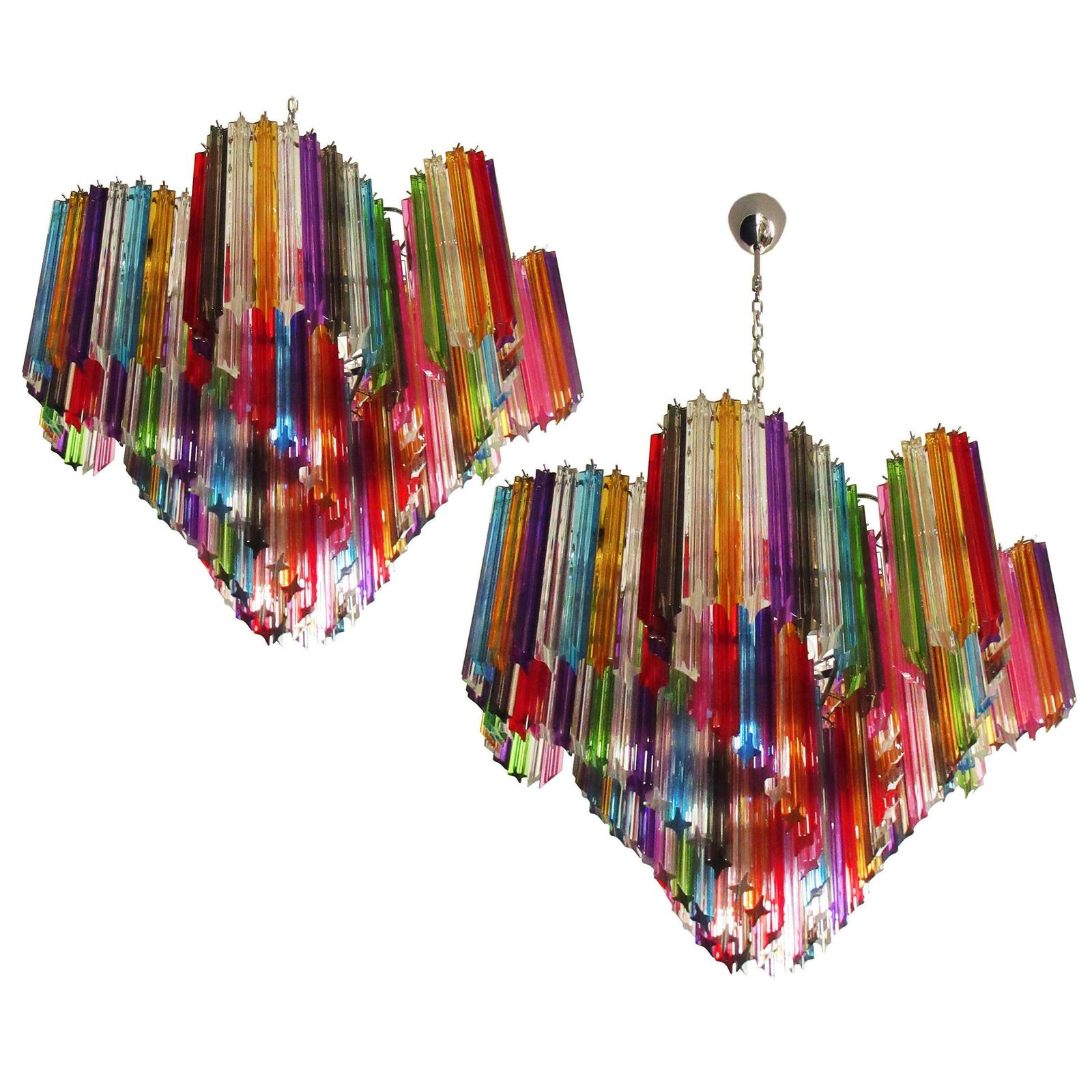 Pair Of Italian Chandelier Multicoloured Quadriedri, Murano