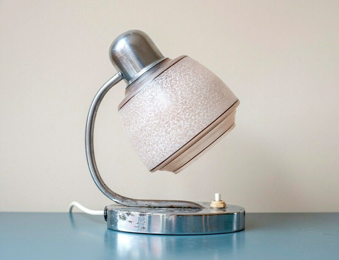 Chrome Gooseneck Table Lamp, 1950s Design, Napako, Pink Frosted Glass Lamp, Mid Century Decorative Desk Lamp, Retro Bedside Lamp
