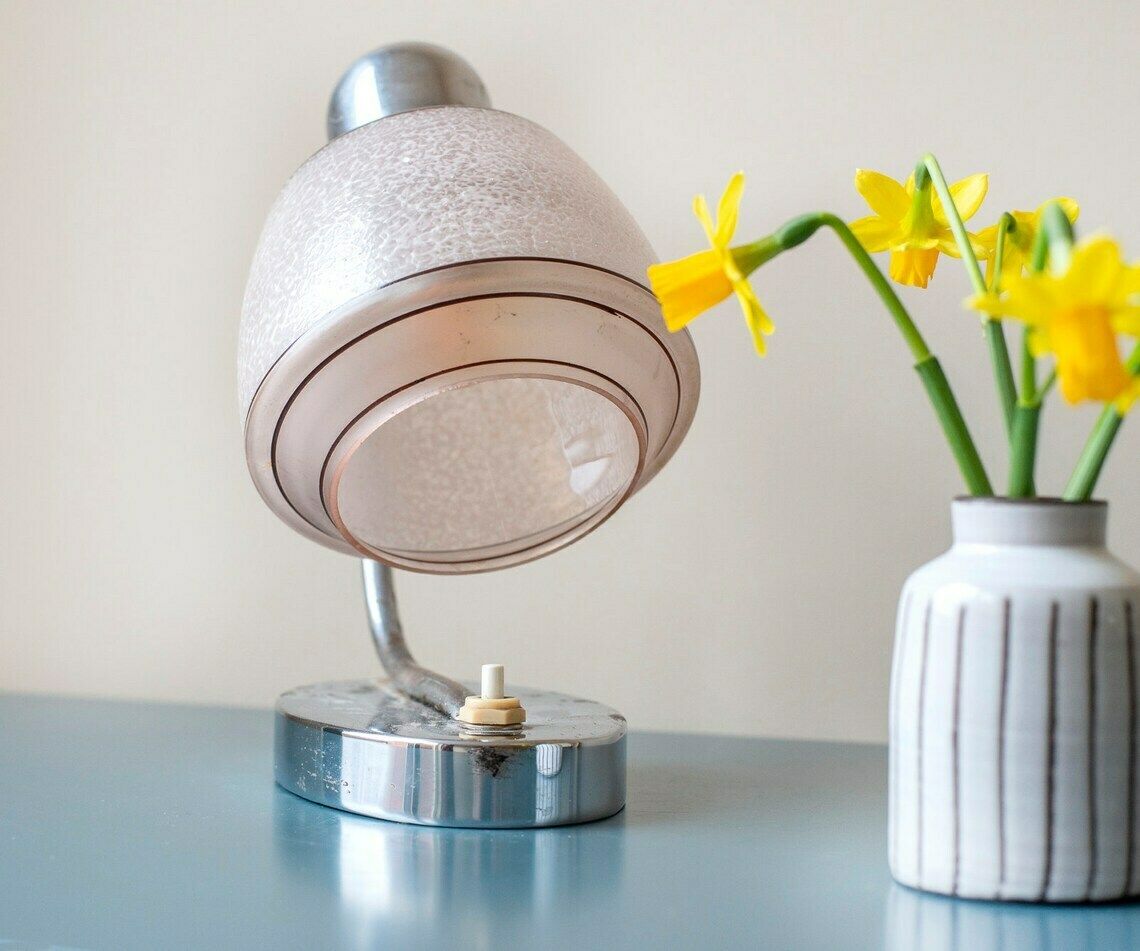 Chrome Gooseneck Table Lamp, 1950s Design, Napako, Pink Frosted Glass Lamp, Mid Century Decorative Desk Lamp, Retro Bedside Lamp photo for sale