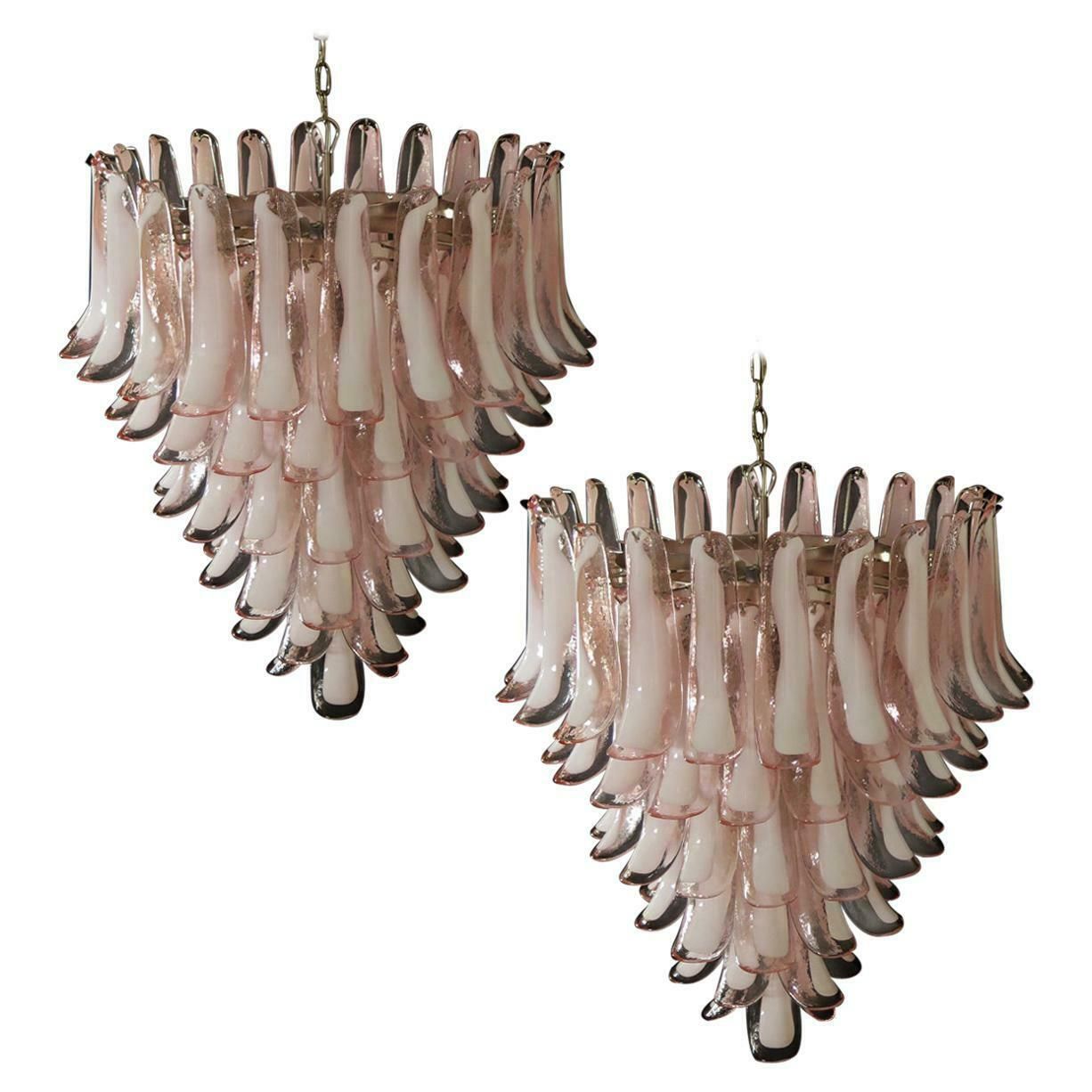 Fabulous Pair Of Italian 75 Pink And White Petal Chandeliers, Murano photo furniture