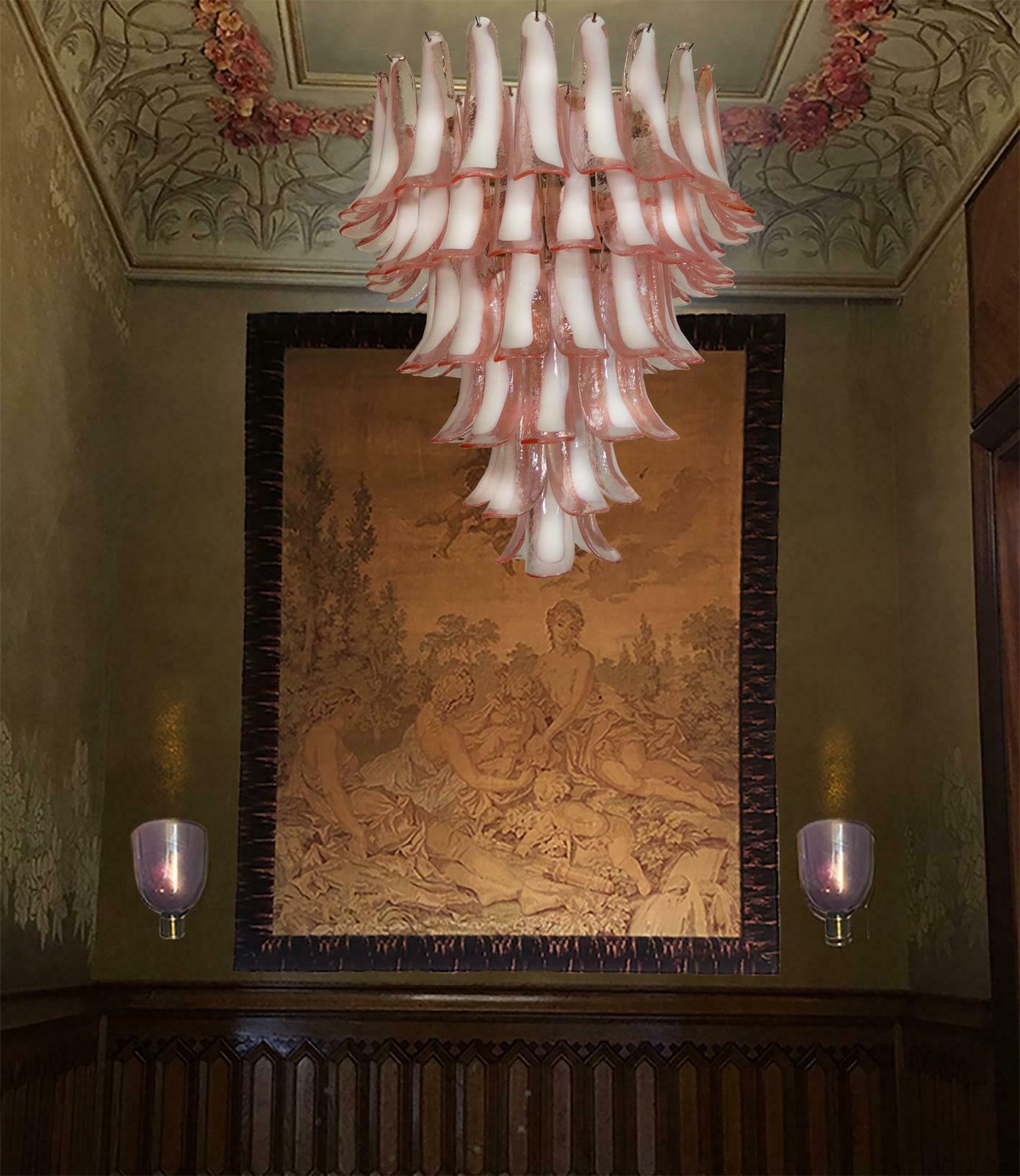 photo buy Fabulous Pair Of Italian 75 Pink And White Petal Chandeliers, Murano
