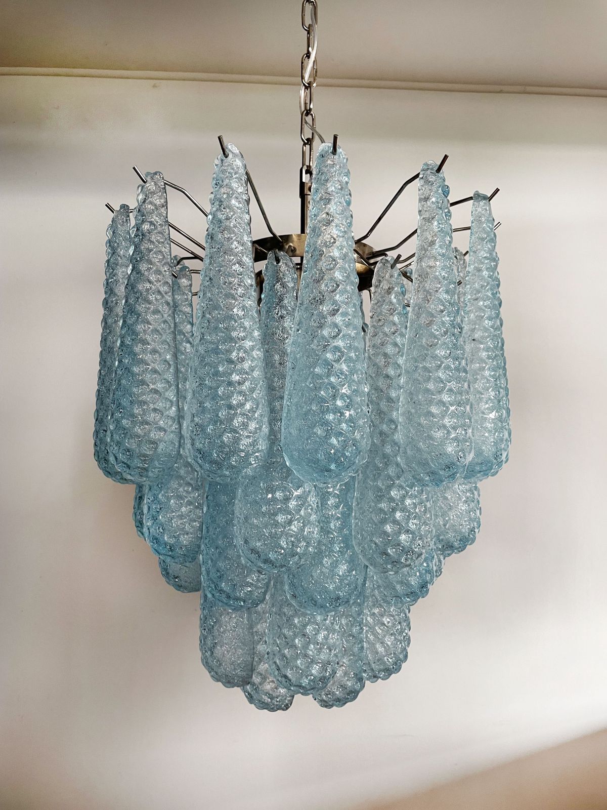 Italian Vintage Murano Chandelier 41 Blue Glass Petals Drop photo vinterior