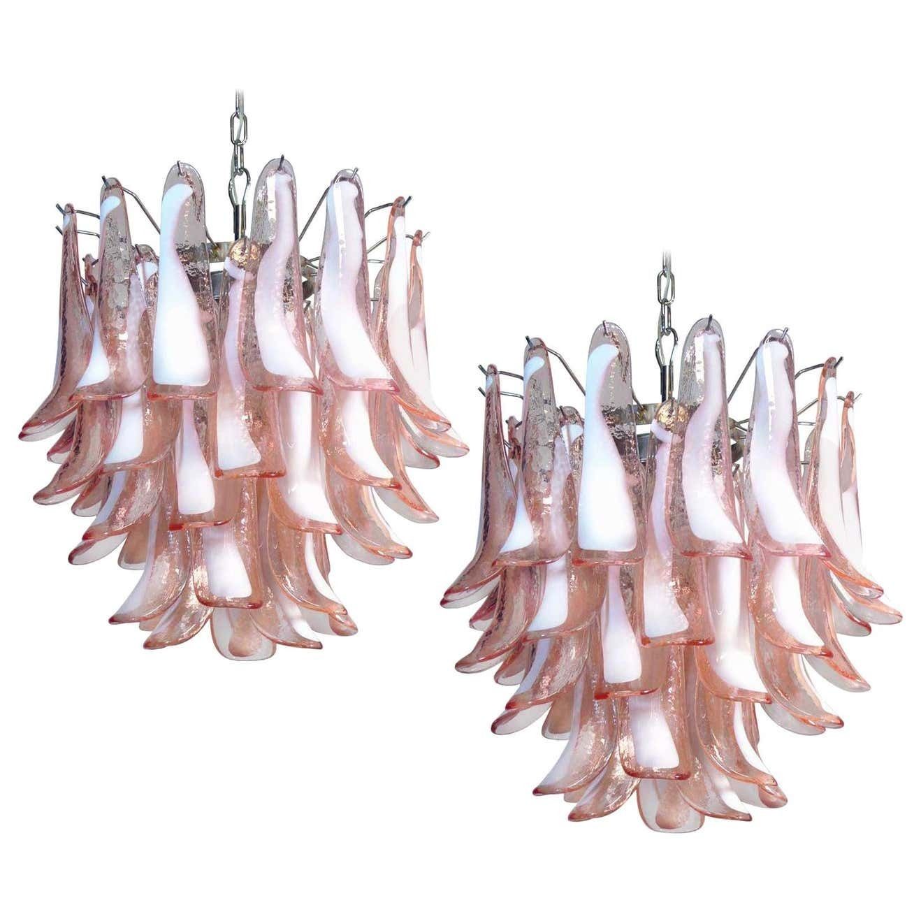 Pair Of Italian 41 Pink Petal Chandeliers, Murano