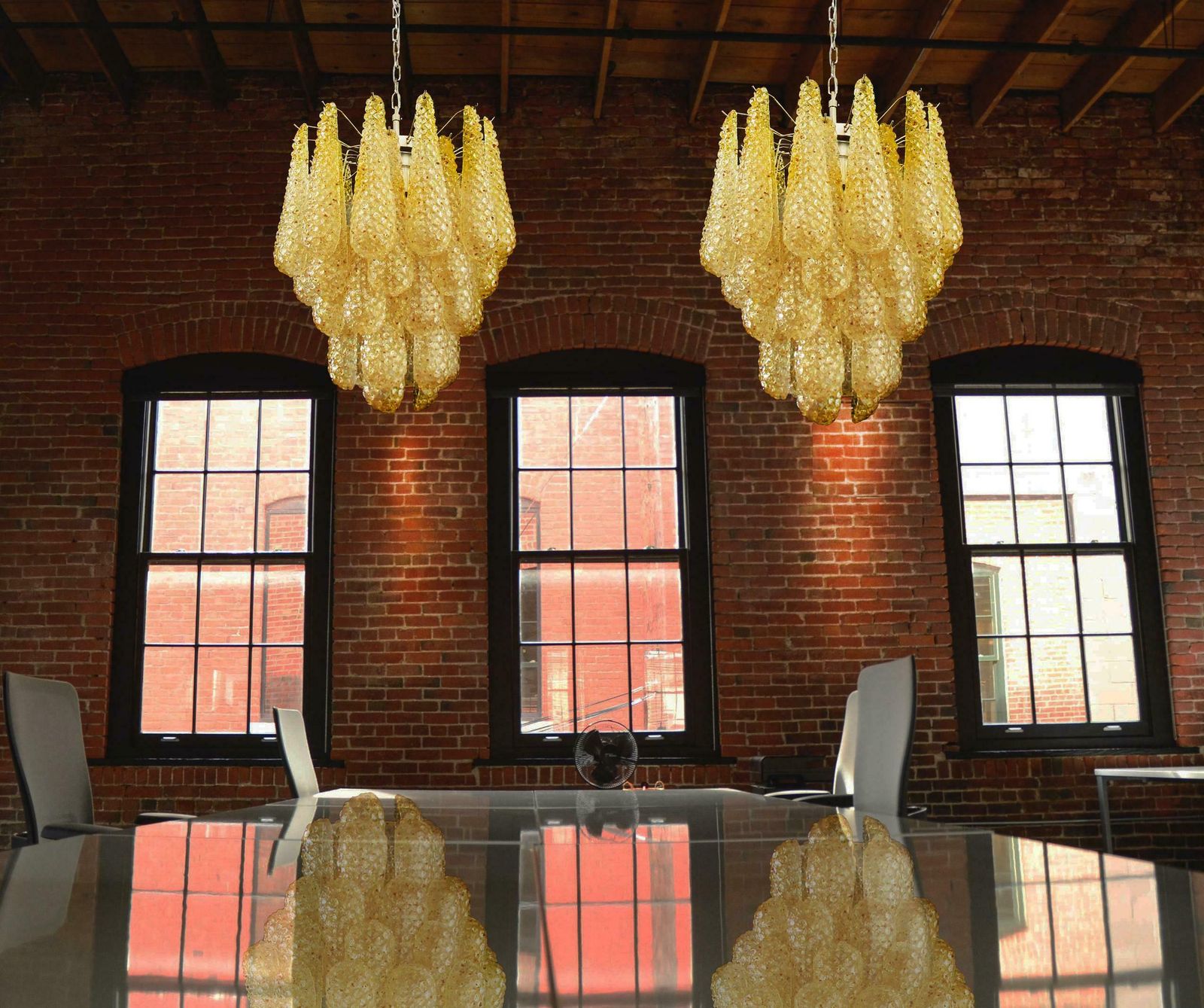 Pair Of Italian 41 Amber Crystal Petals Chandeliers, Murano photo vinterior