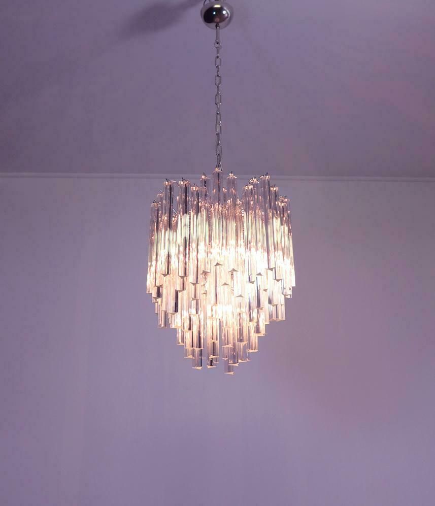Pair Of Chandeliers Venini Style 92 Trasparent Prism Triedri, Murano, 1990 photo buy