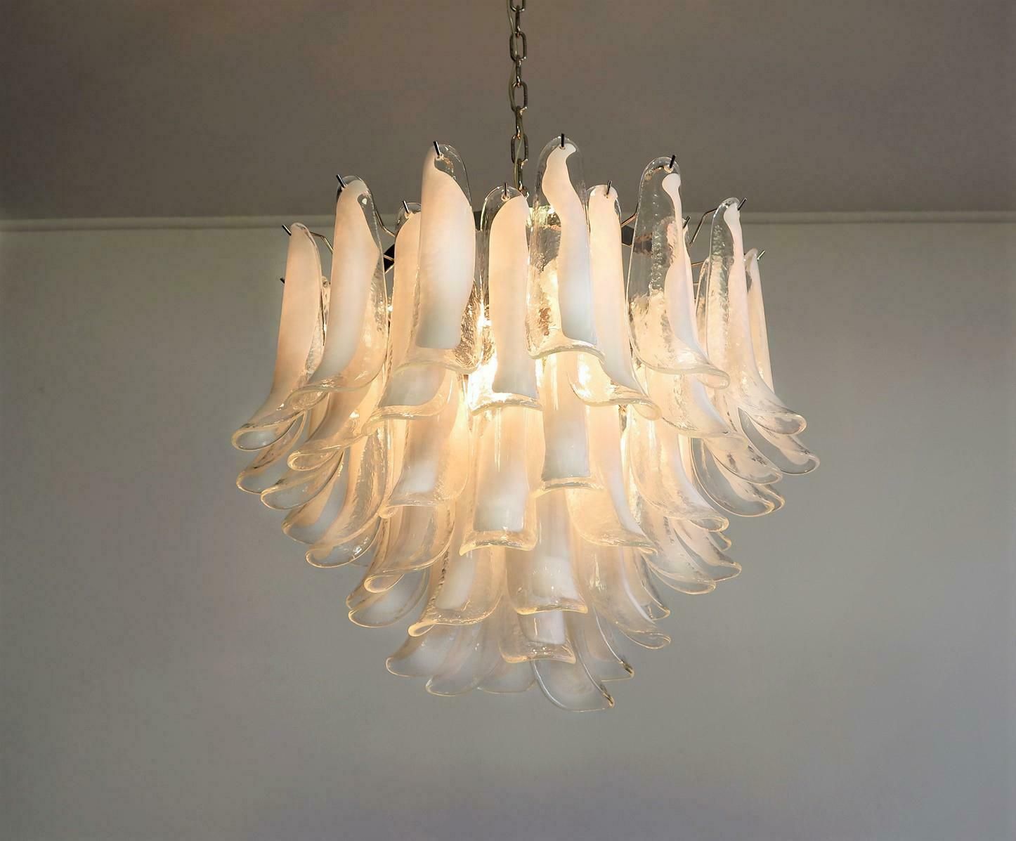 Pair Of Italian 53 White Petal Chandelier, Murano photo vintage