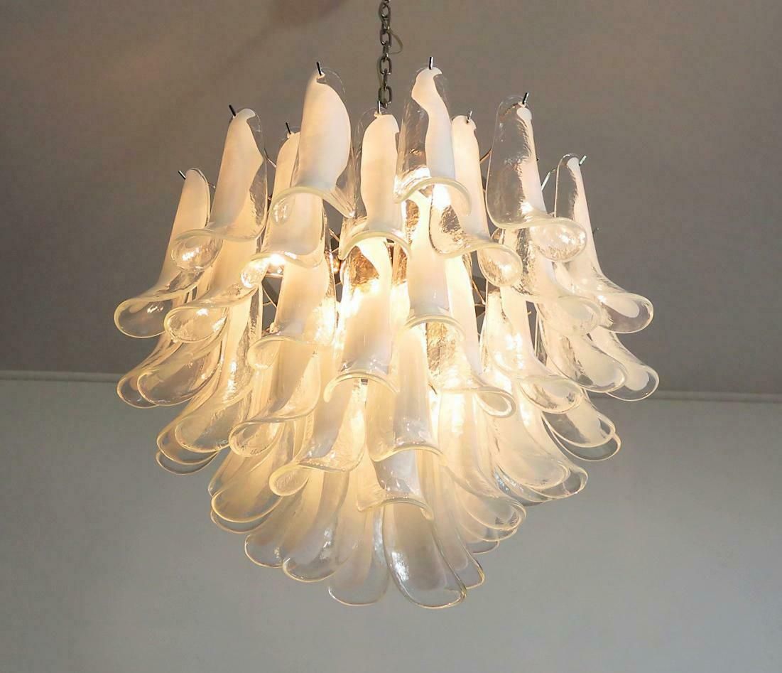 photo for sale Pair Of Italian 53 White Petal Chandelier, Murano