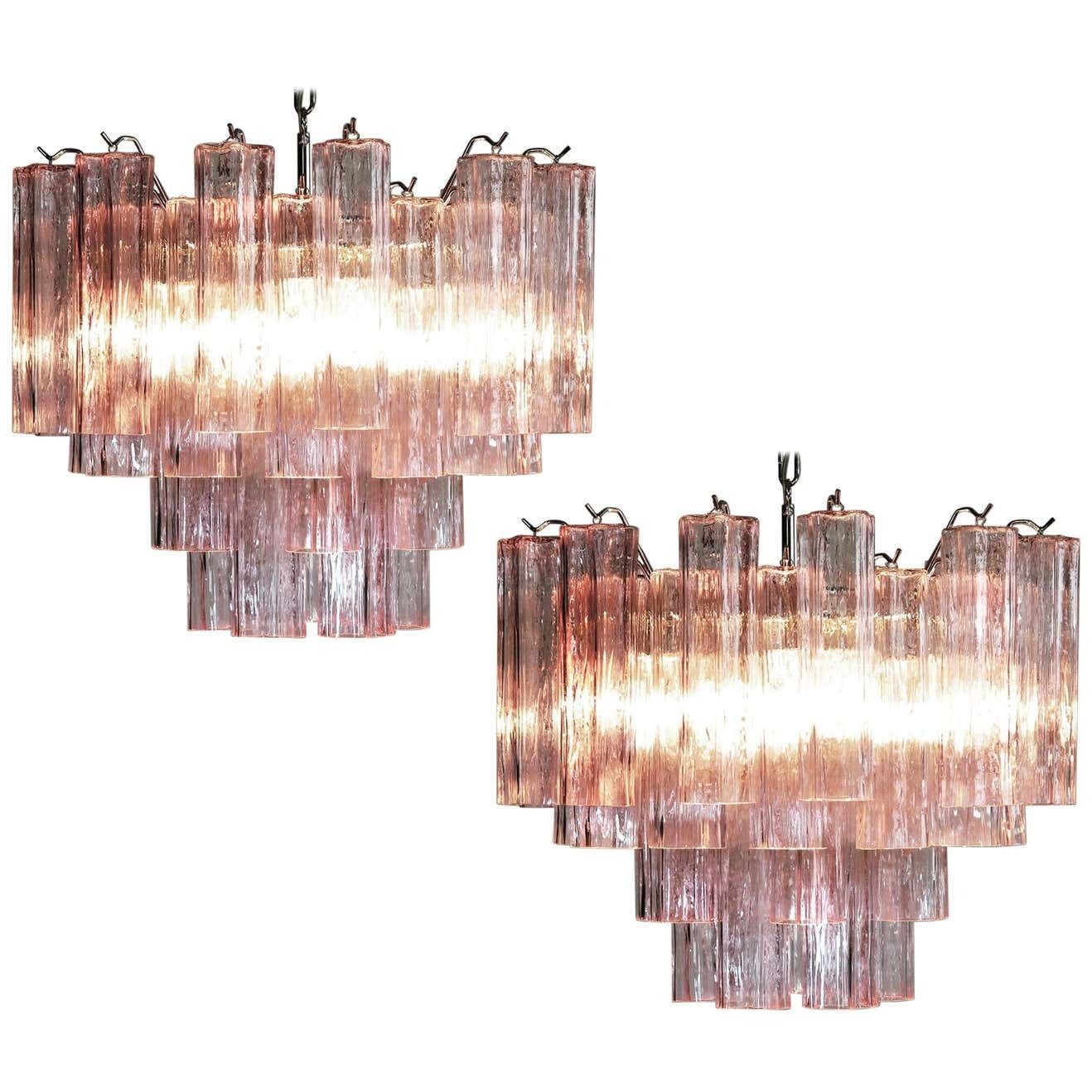 Pair Of Italian 36 Pink Glass Tube Chandeliers, Murano, 1970s