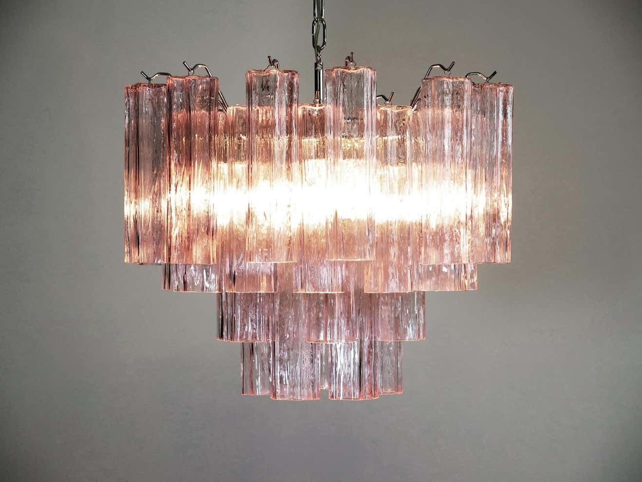 Pair Of Italian 36 Pink Glass Tube Chandeliers, Murano, 1970s photo Lighting