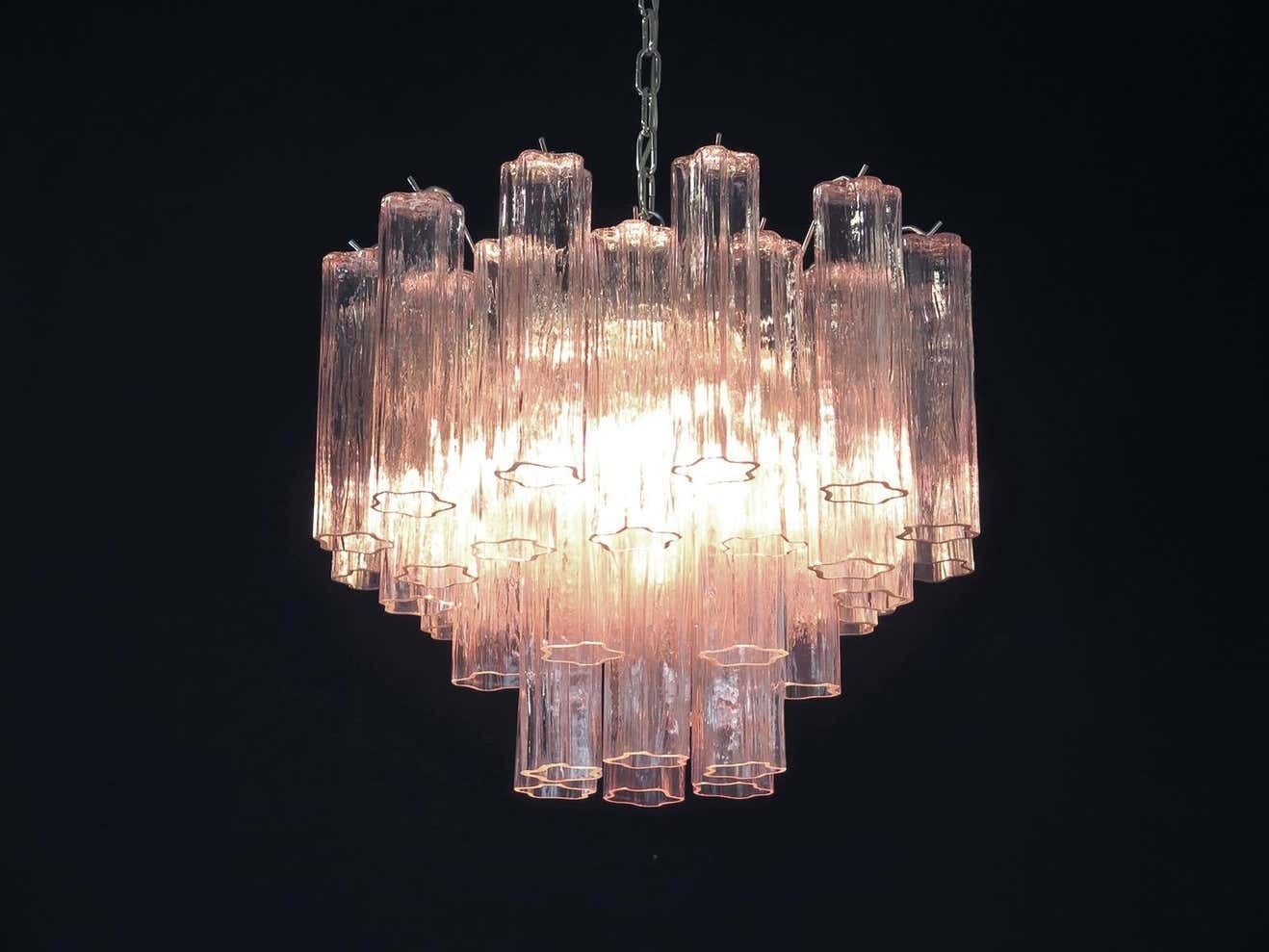 Pair Of Italian 36 Pink Glass Tube Chandeliers, Murano, 1970s photo vinterior