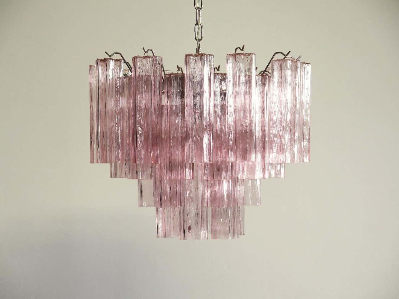 photo for sale Pair Of Italian 36 Pink Glass Tube Chandeliers, Murano, 1970s