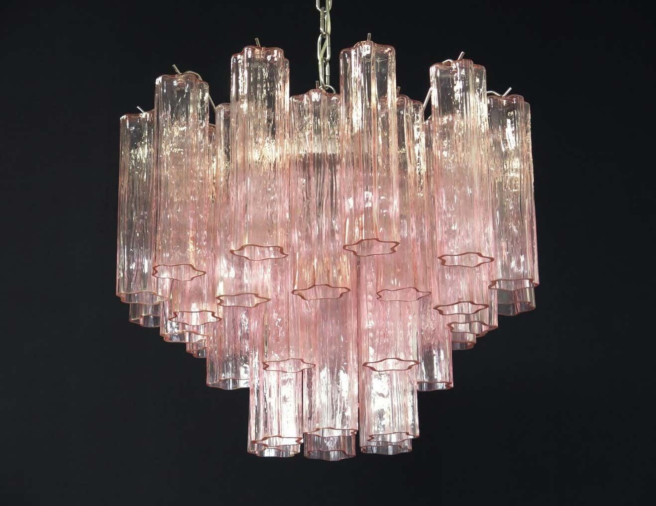 Lighting Pair Of Italian 36 Pink Glass Tube Chandeliers, Murano, 1970s photo