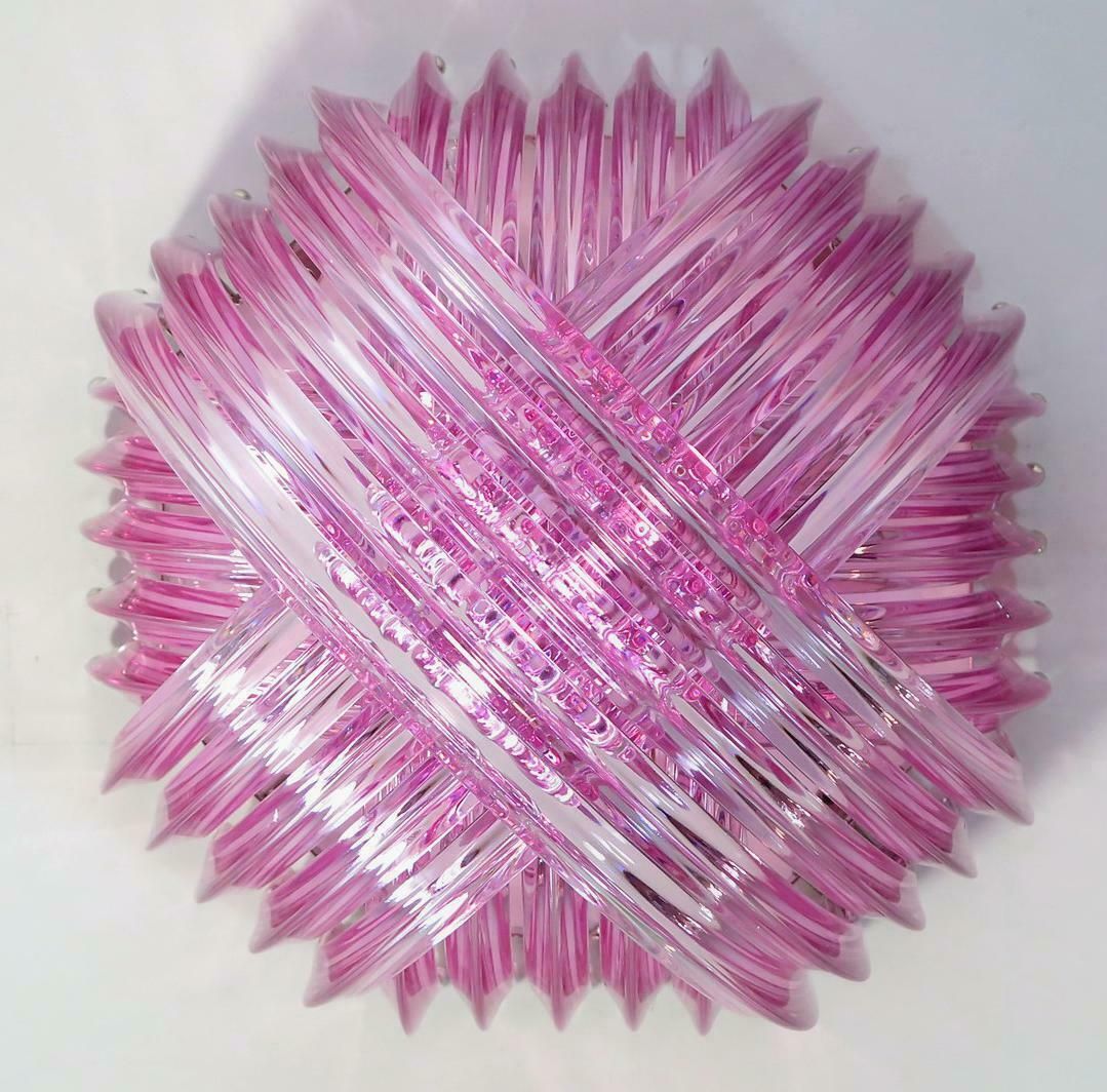 Pair Murano Ceiling Linght Chandeliers, Pink Triedri, 20 Murano Glasses photo furniture