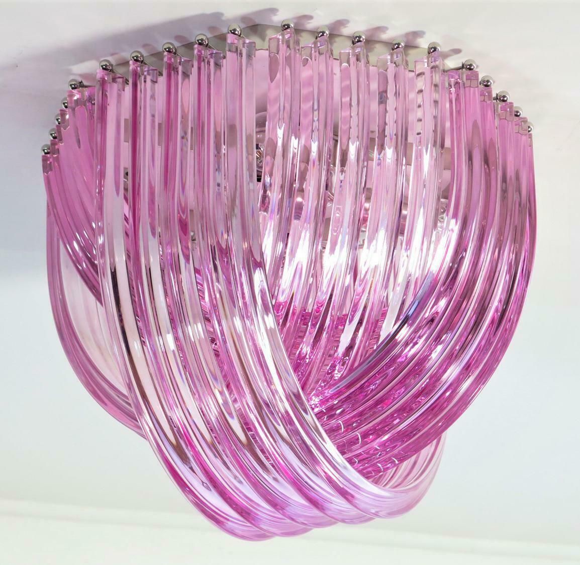 Pair Murano Ceiling Linght Chandeliers, Pink Triedri, 20 Murano Glasses photo for sale