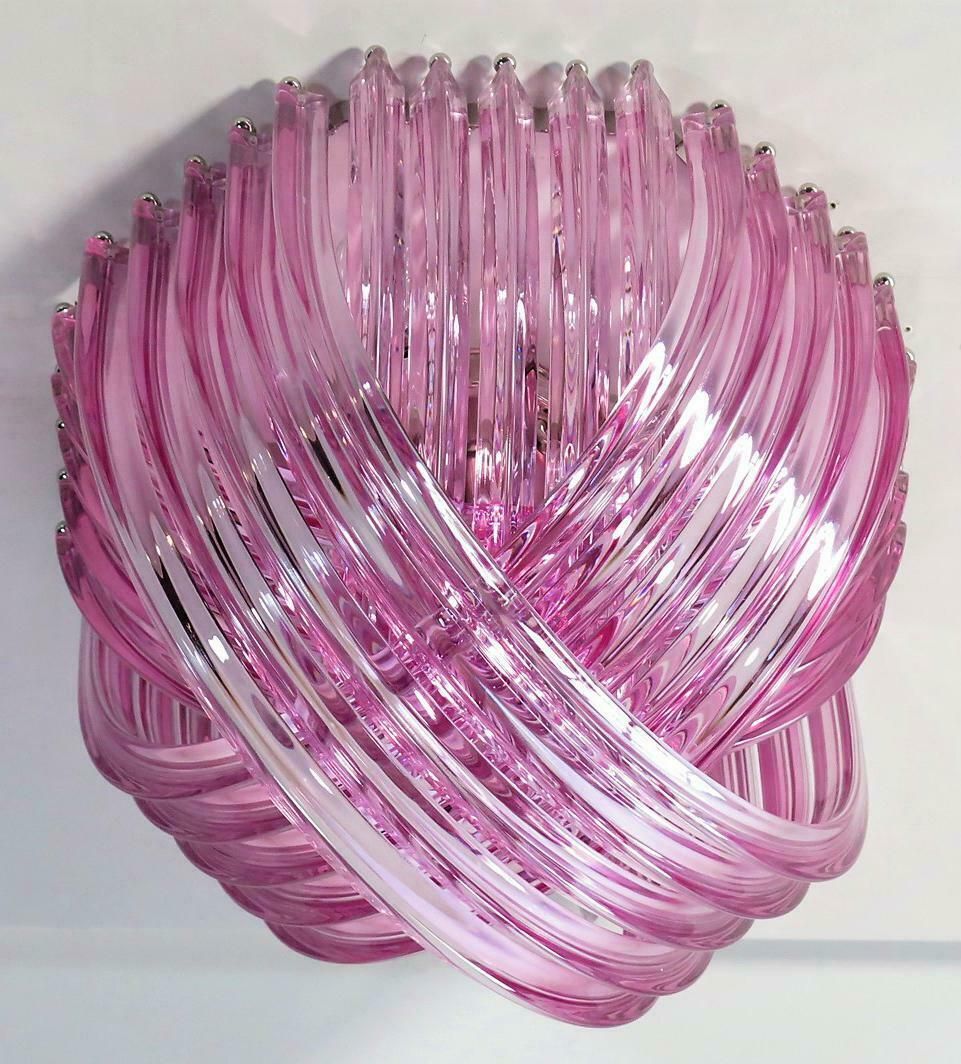 Pair Murano Ceiling Linght Chandeliers, Pink Triedri, 20 Murano Glasses photo Lighting