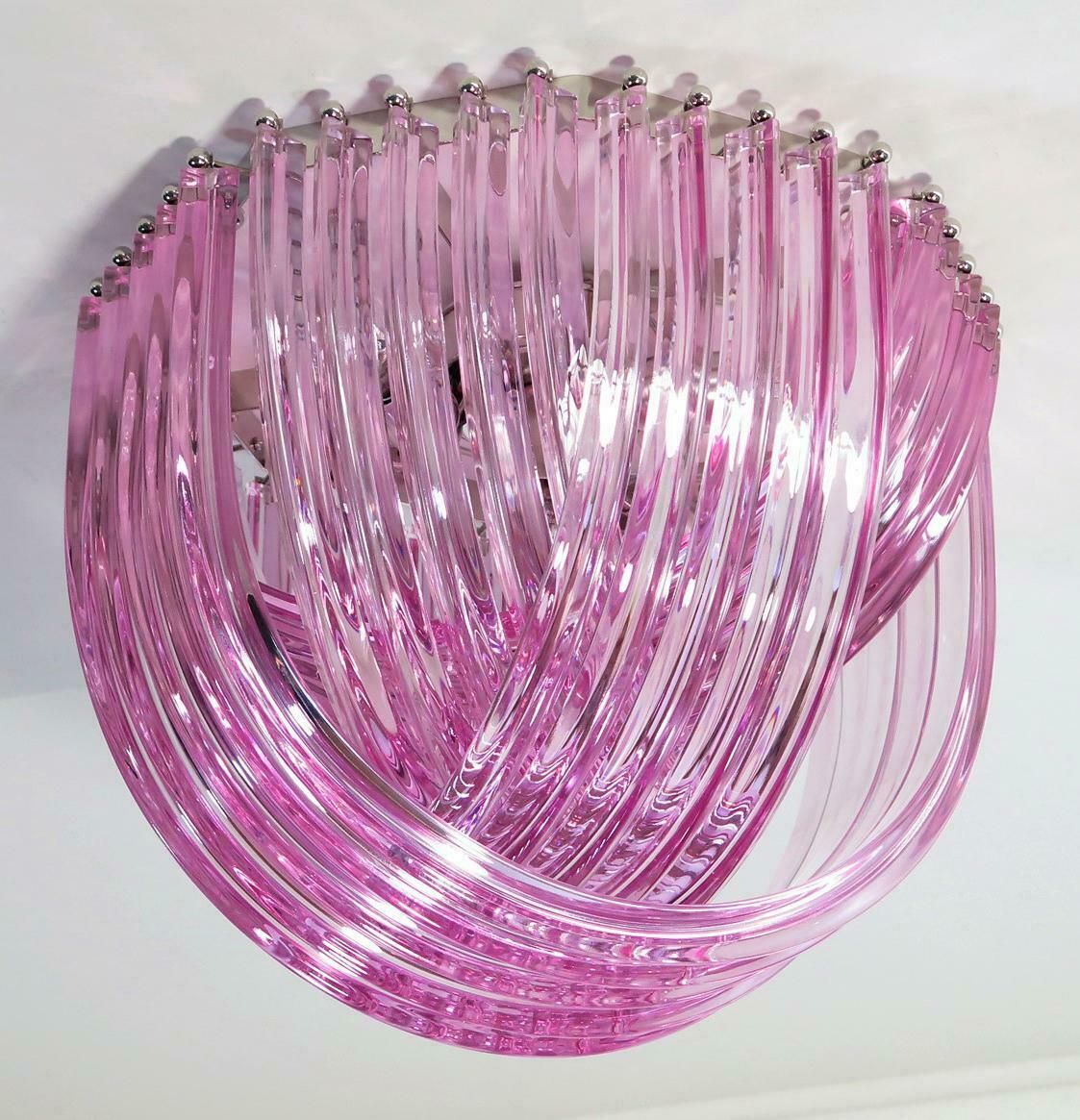 photo for sale Pair Murano Ceiling Linght Chandeliers, Pink Triedri, 20 Murano Glasses