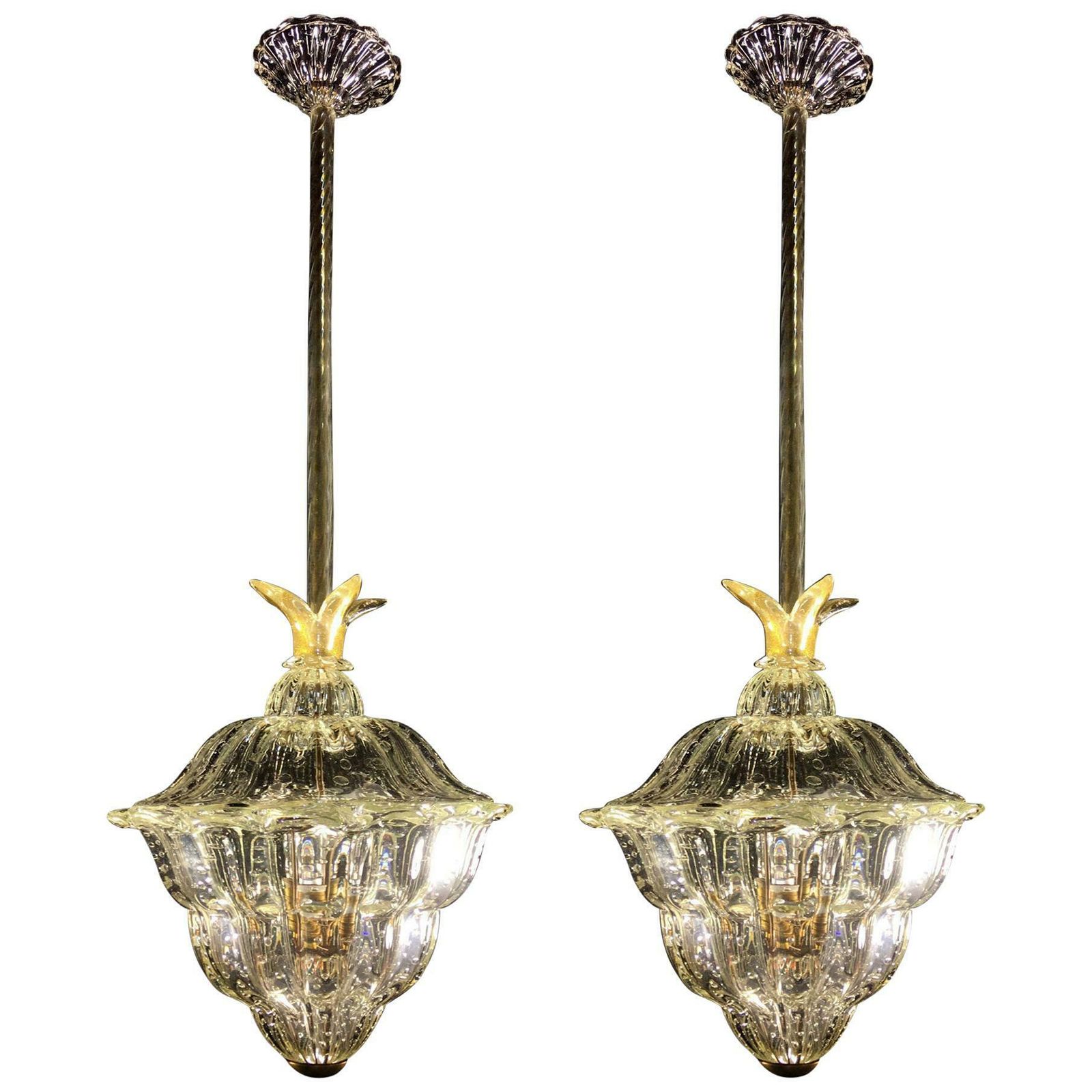 Pair Of Chandeliers "The King", Gold Inclusion By Barovier & Toso, Murano, 1940s