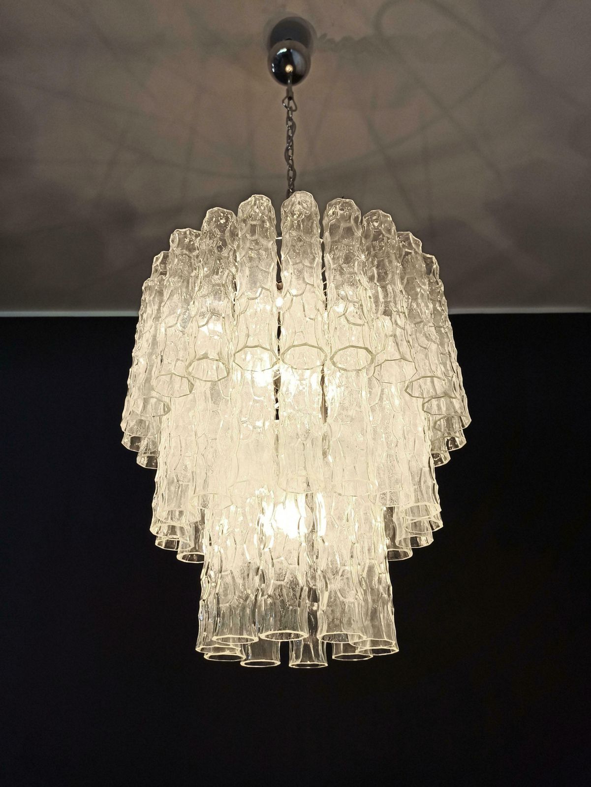 photo for sale Pair Of Large Three Tier Murano Glass Tube Chandelier