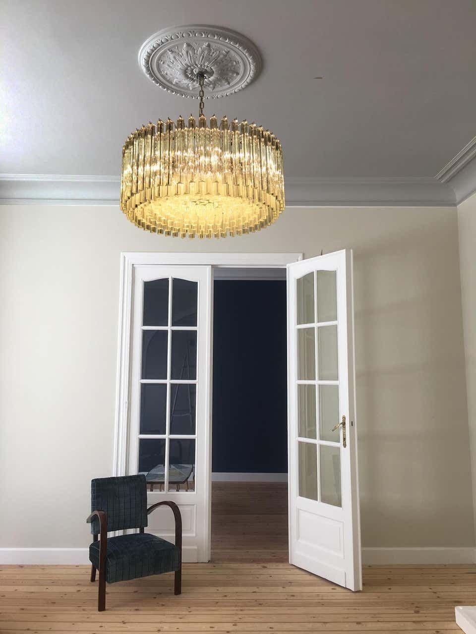 Mid 20th Pair Italian Triedri Glass Chandeliers, 265 Trasparent Prism, Murano photo Lighting