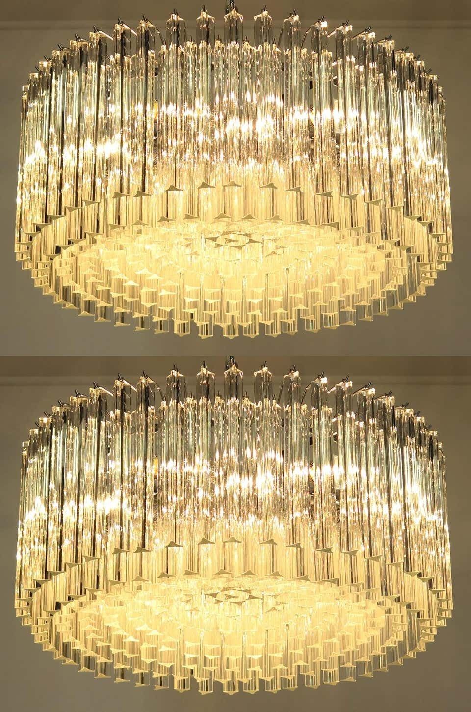Mid 20th Pair Italian Triedri Glass Chandeliers, 265 Trasparent Prism, Murano photo buy