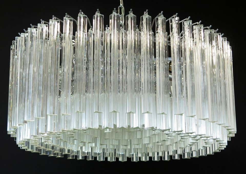 Lighting Mid 20th Pair Italian Triedri Glass Chandeliers, 265 Trasparent Prism, Murano photo