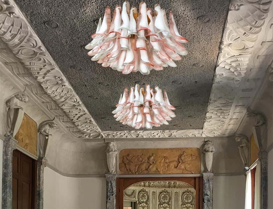 Pair Of Italian 64 Petals Chandeliers Ceiling Light, Murano photo Lighting
