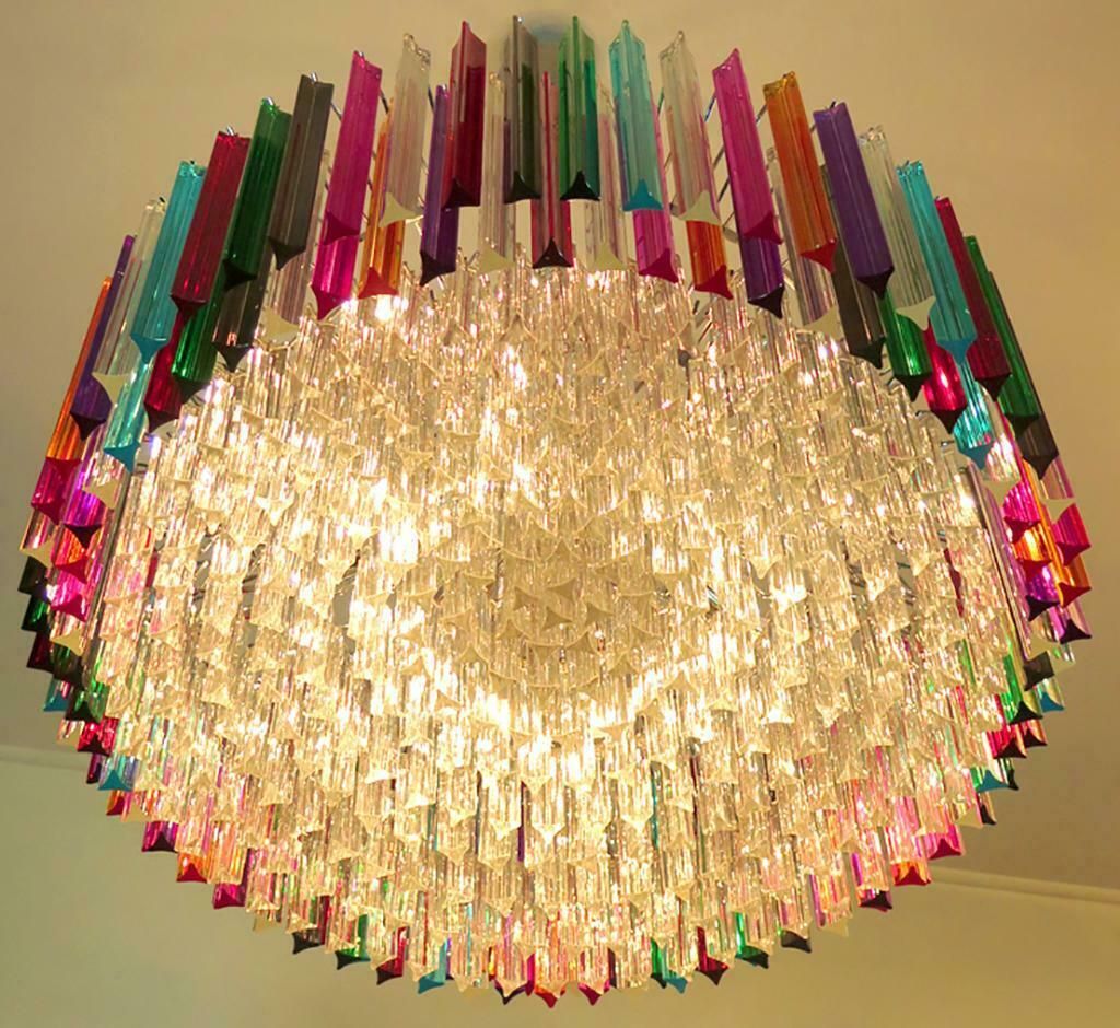 Pair Of Triedri Italian Glass Multicolour Chandeliers, Venini Style, Murano, 1995 photo for sale