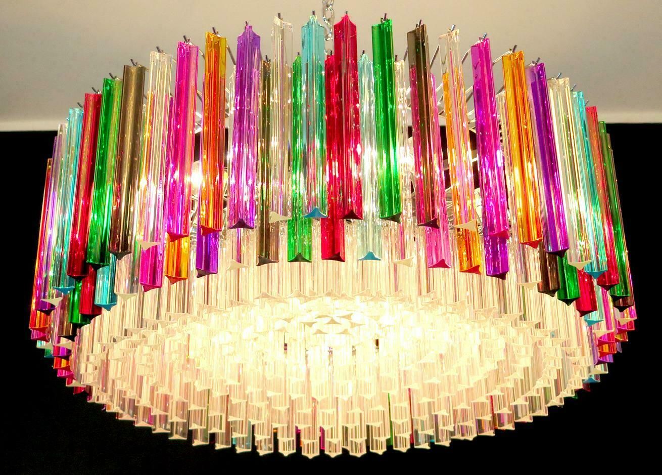 Pair Of Triedri Italian Glass Multicolour Chandeliers, Venini Style, Murano, 1995 photo vinterior