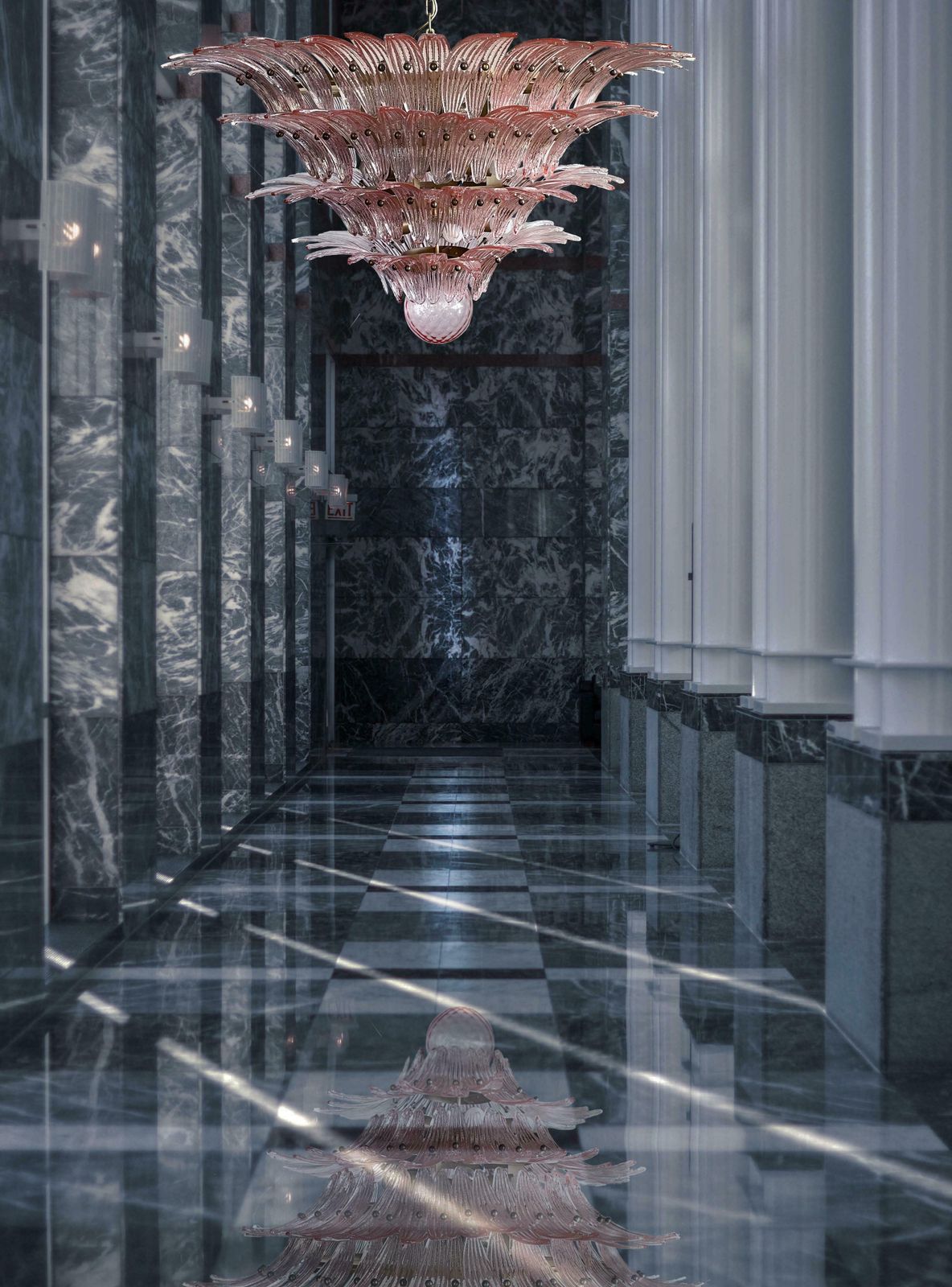 Monumental Pair Of Pink Glass Leaf Chandeliers, Murano photo Lighting