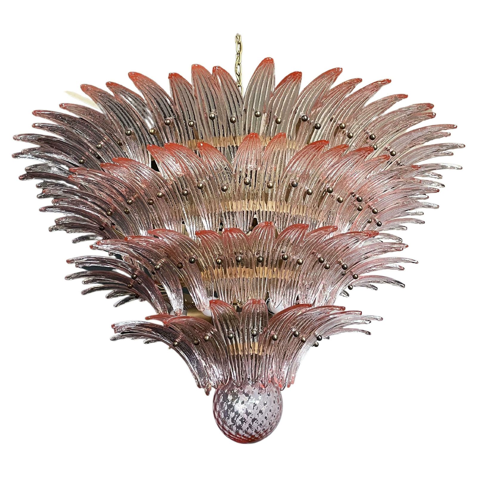 Monumental Pair Of Pink Glass Leaf Chandeliers, Murano photo vinterior