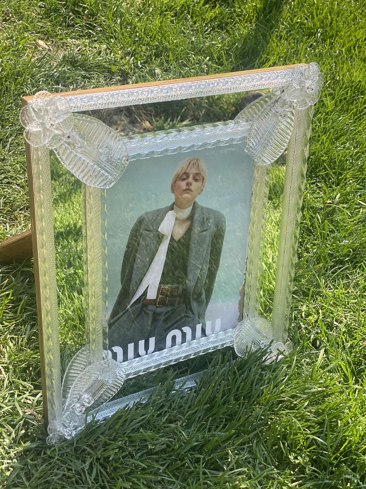Transparent Murano Glass Photo Frame With Flowers.....Rare Artigian Italian Handmade photo vintage