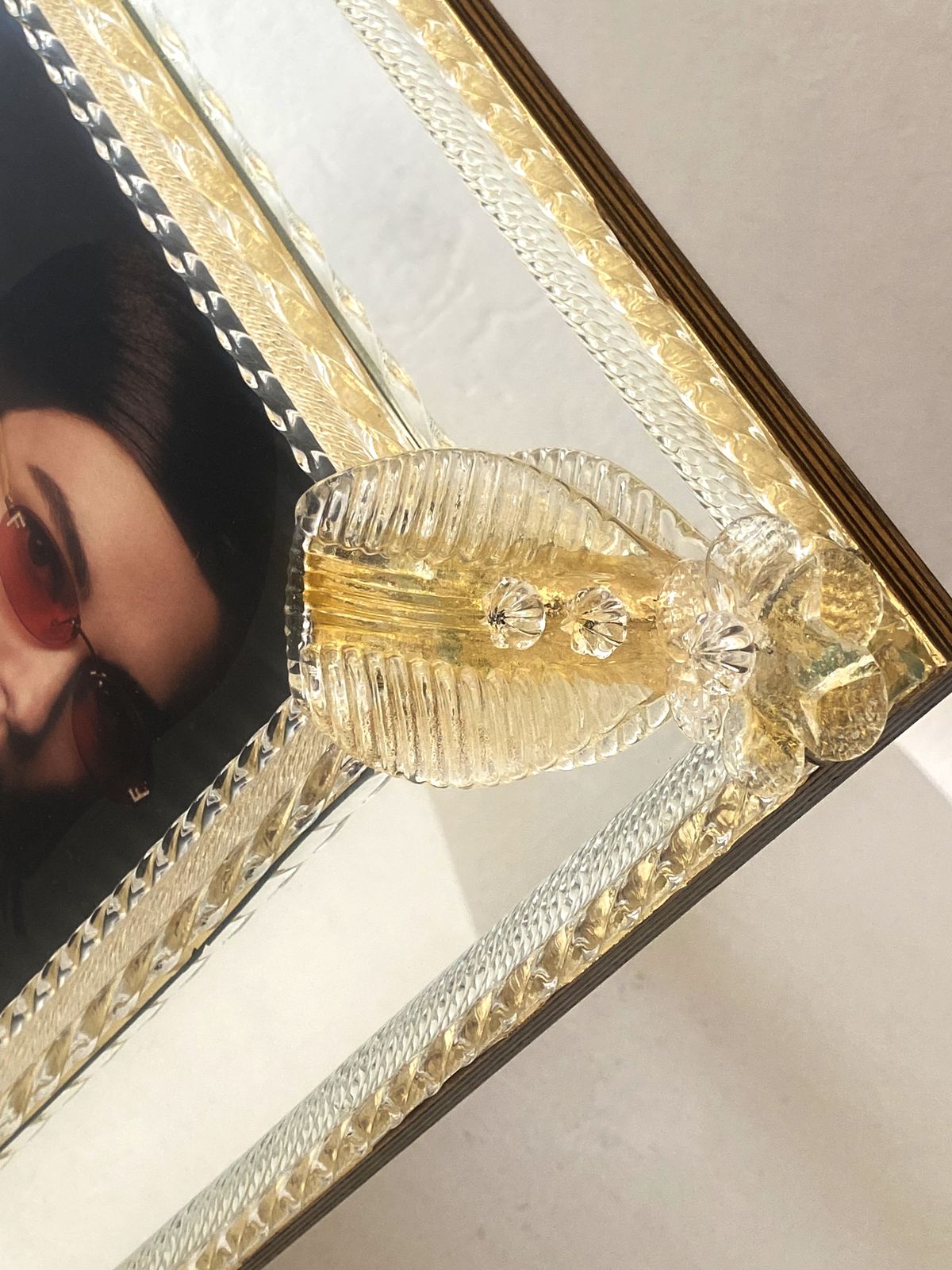 Transparent And Gold Murano Glass Photo Mirror Frame With Flowers And Hand Engraved photo for sale