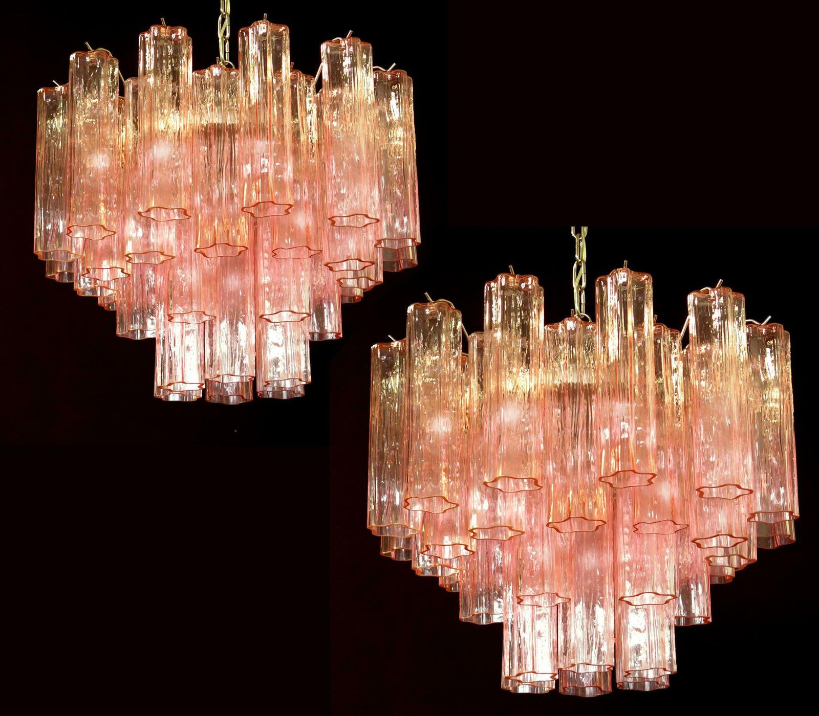 photo buy Four Tronchi Chandeliers Style Toni Zuccheri, 36 Pink Glasses, Murano, 1990