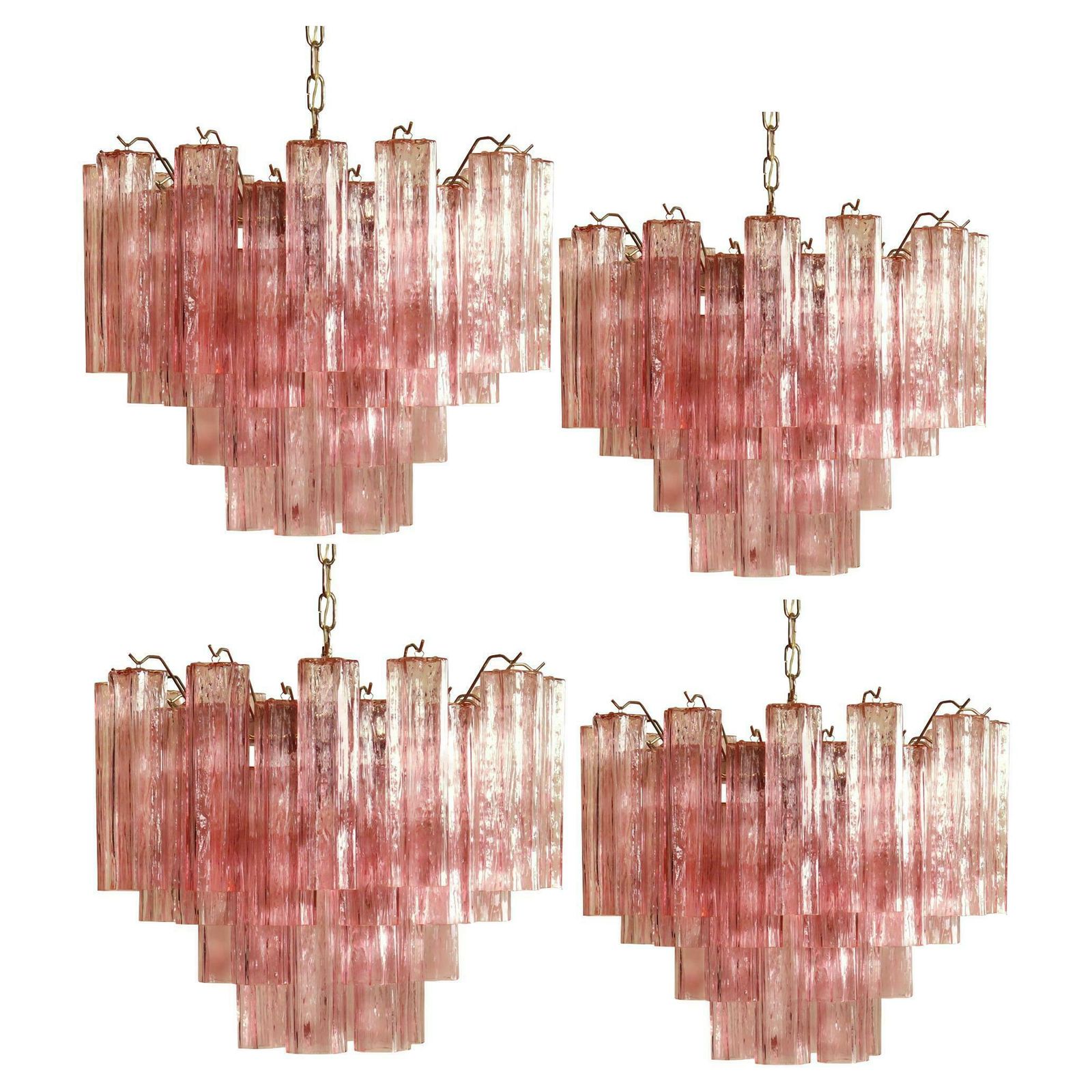 photo vintage Four Tronchi Chandeliers Style Toni Zuccheri, 36 Pink Glasses, Murano, 1990
