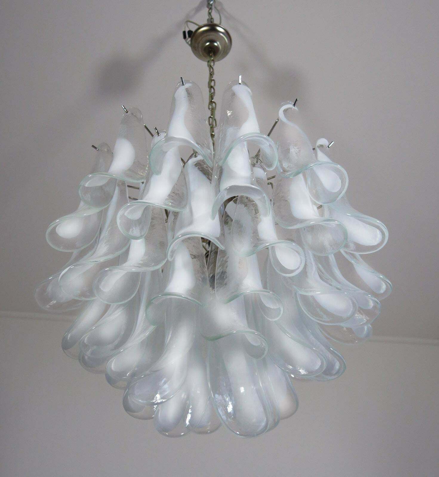 photo furniture Set Of Four Italian 41 White Petal Murano Chandeliers, Mazzega Style