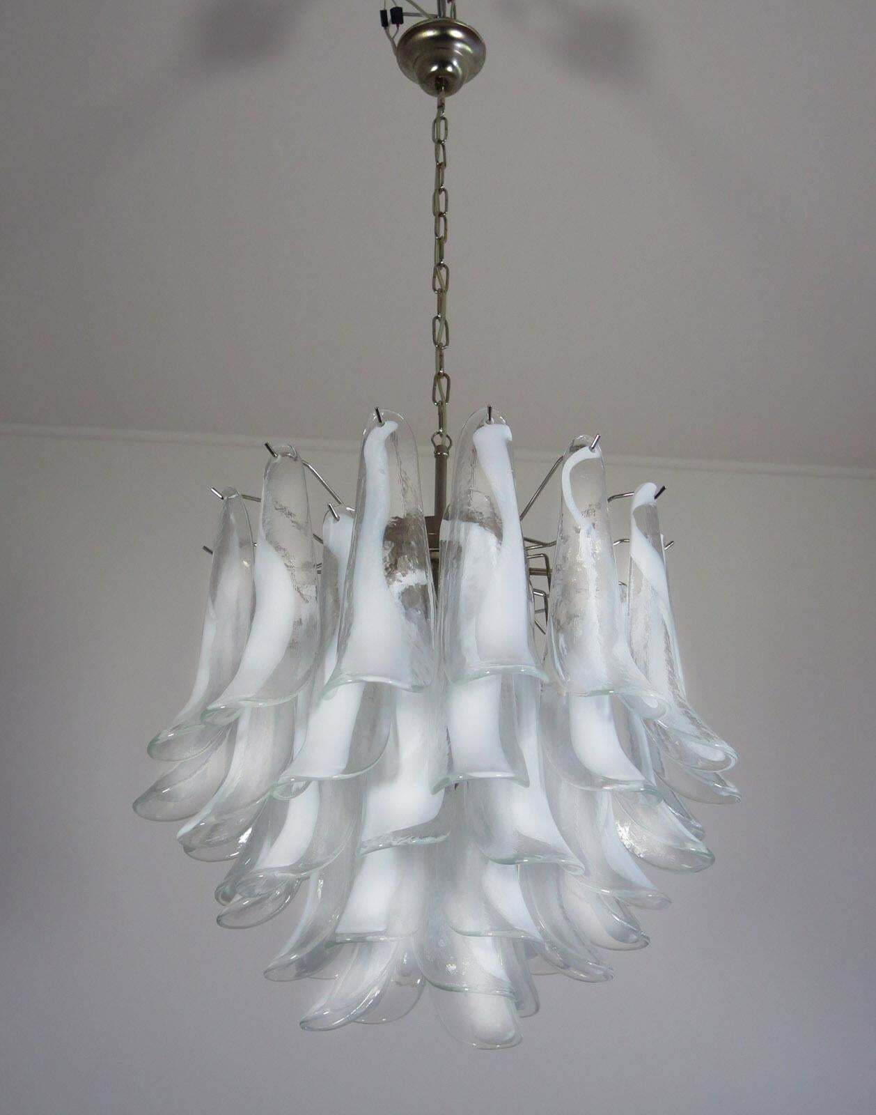 photo for sale Set Of Four Italian 41 White Petal Murano Chandeliers, Mazzega Style