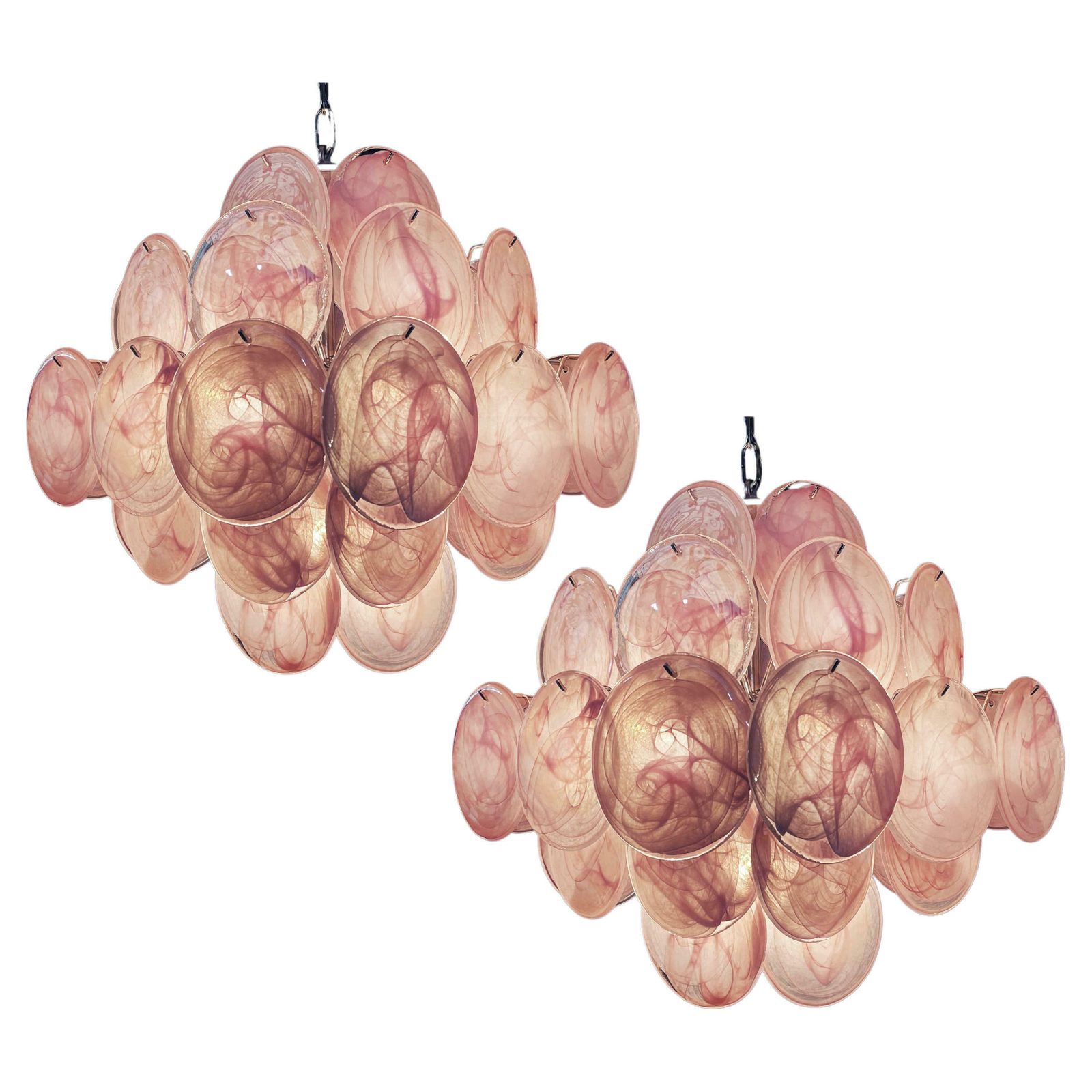 Pair Of Disc Pink Murano Glass Chandeliers By Vistosi Style
