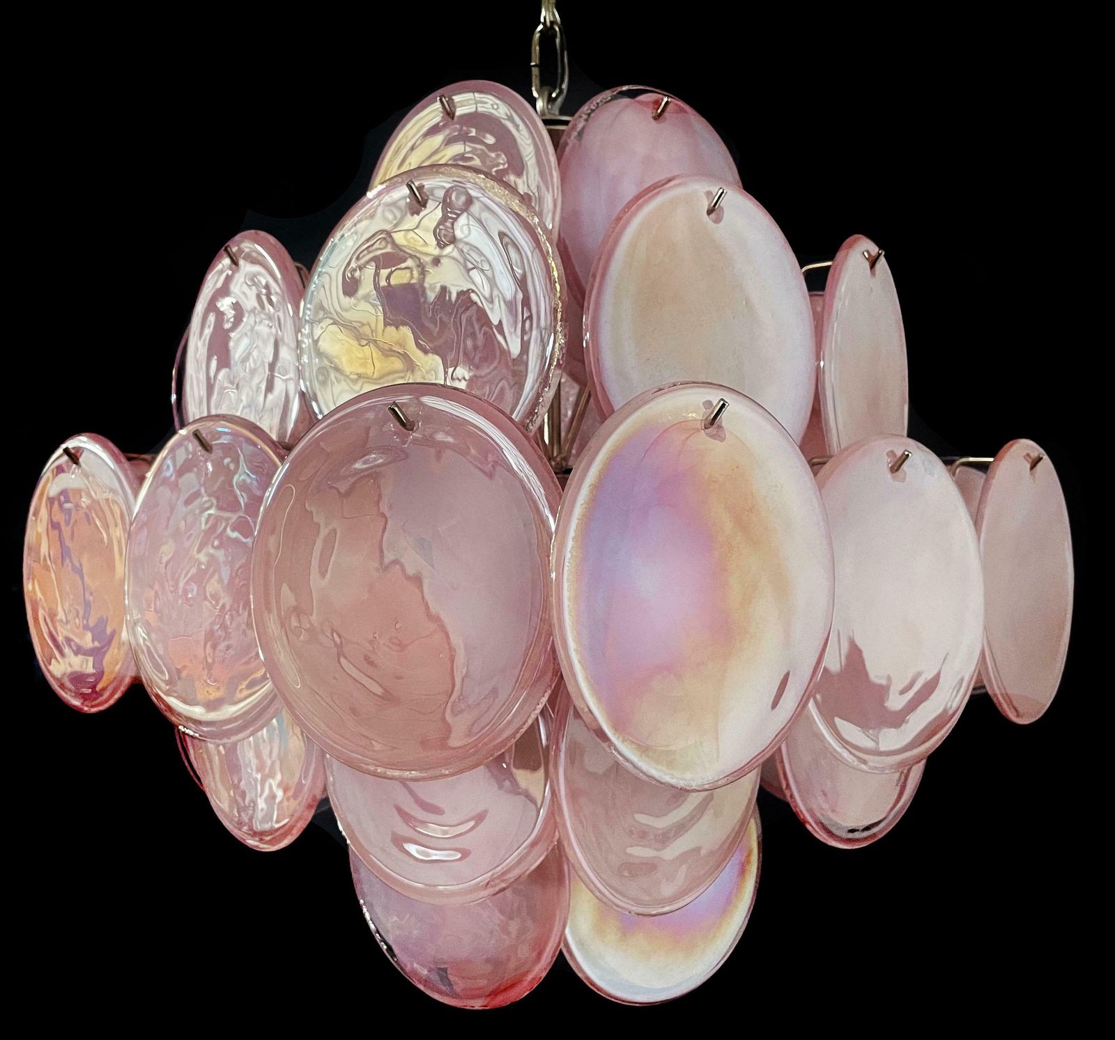 Pair Of Disc Pink Murano Glass Chandeliers By Vistosi Style photo furniture