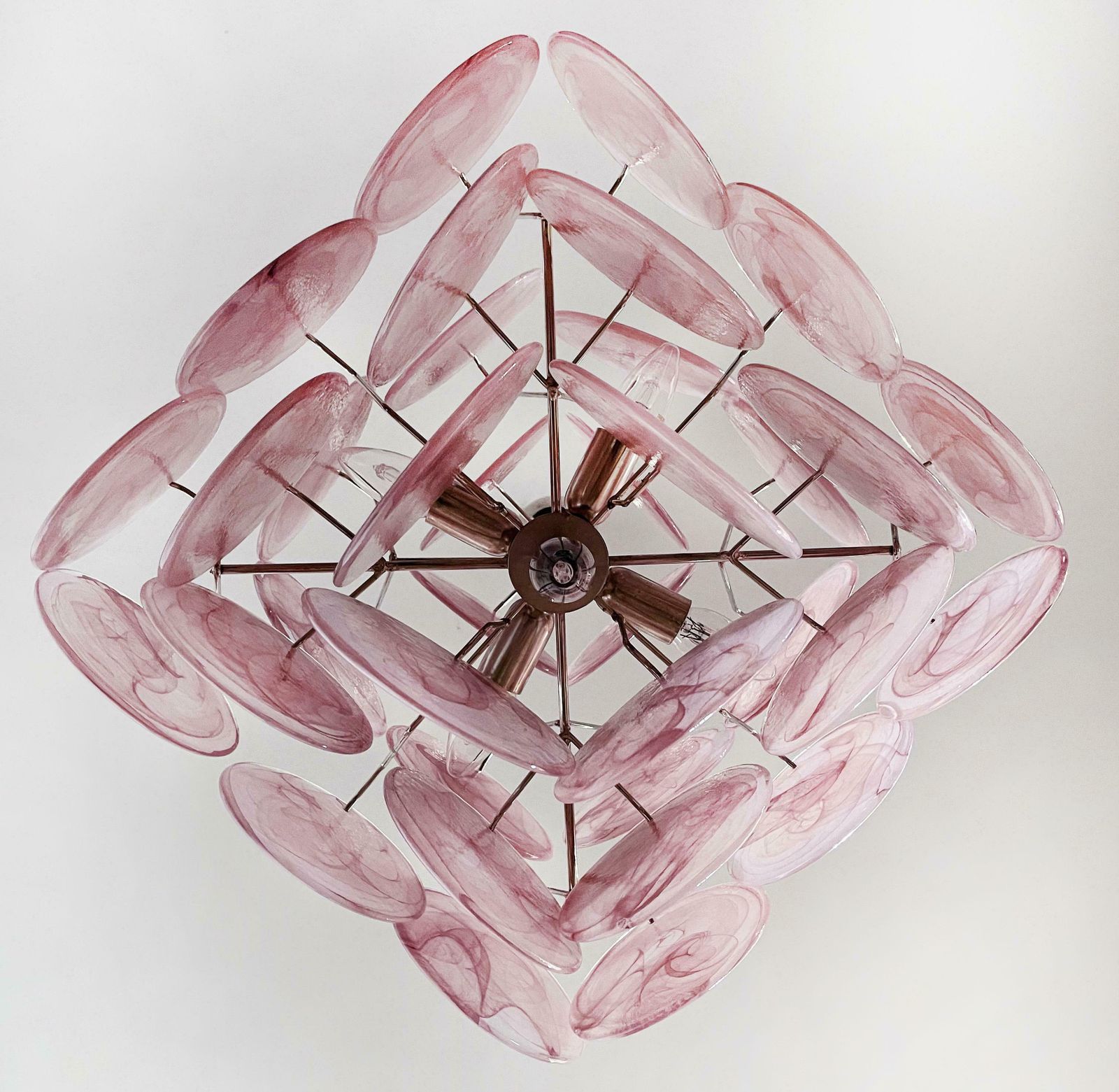 photo vintage Pair Of Disc Pink Murano Glass Chandeliers By Vistosi Style