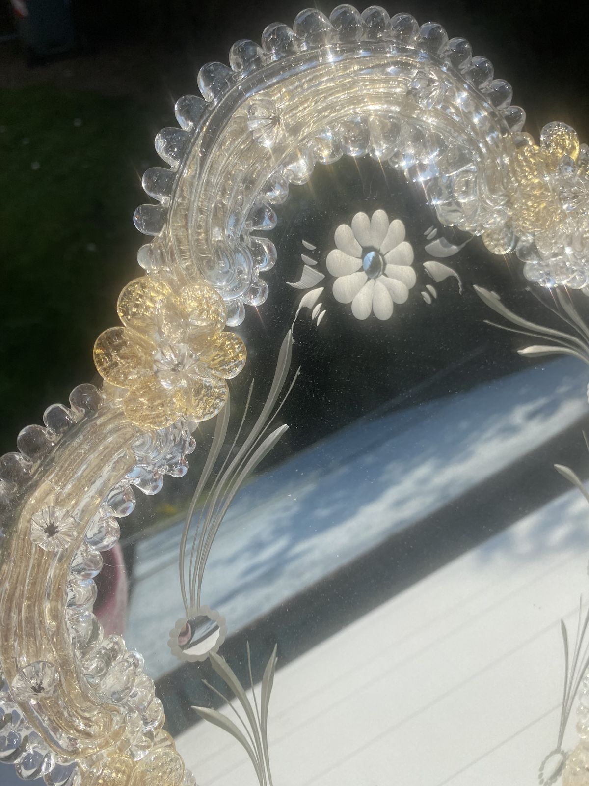 photo for sale Transparent And Gold Murano Glass Photo Frame With Flowers And Hand Engraved.....Rare Artigian Italian Handmade