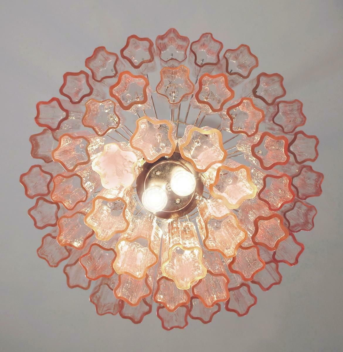 photo furniture Pair Tronchi Chandeliers Style Toni Zuccheri, 48 Pink Glasses, Murano, 1990