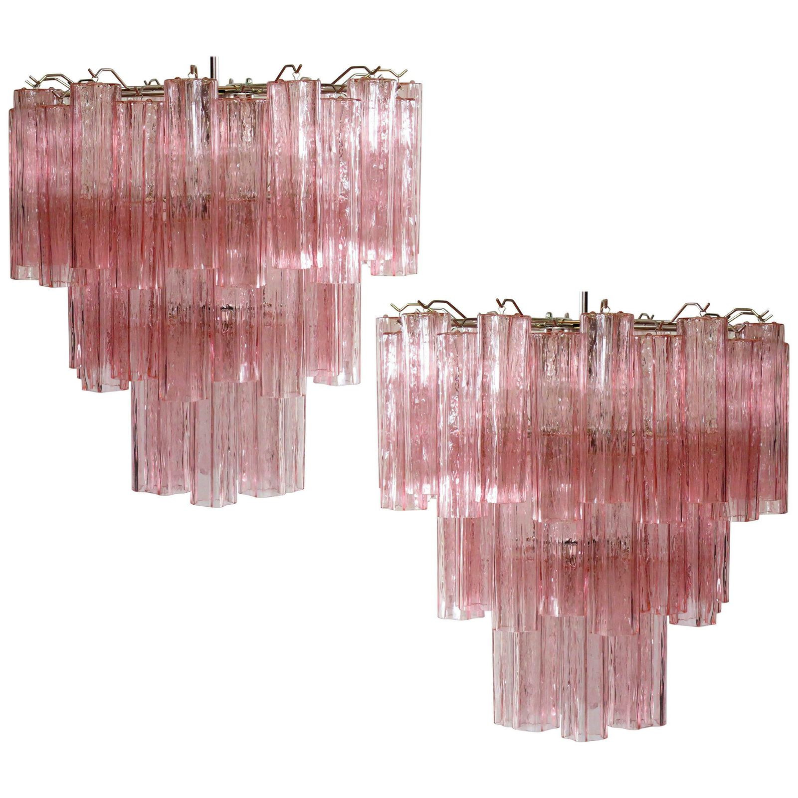 photo vintage Pair Tronchi Chandeliers Style Toni Zuccheri, 48 Pink Glasses, Murano, 1990