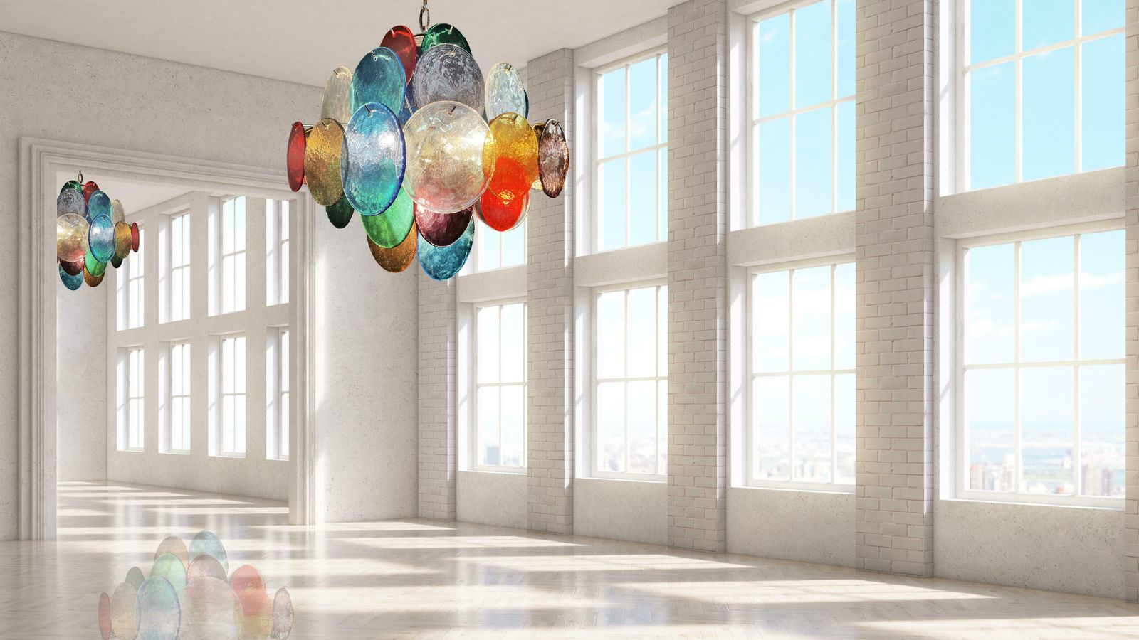 photo for sale Pair Charming Mid Century Arlecchino Italian Disc Chandeliers, Murano, 1990s