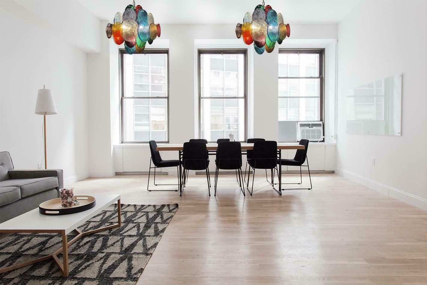2584.0 Pair Charming Mid Century Arlecchino Italian Disc Chandeliers, Murano, 1990s photo