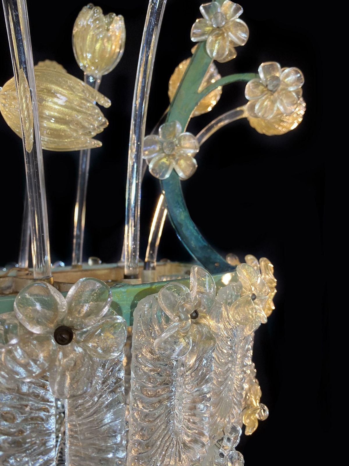 Amazing Glass Flower Chandelier With Gold Inclusions Murano 1950s photo Lighting