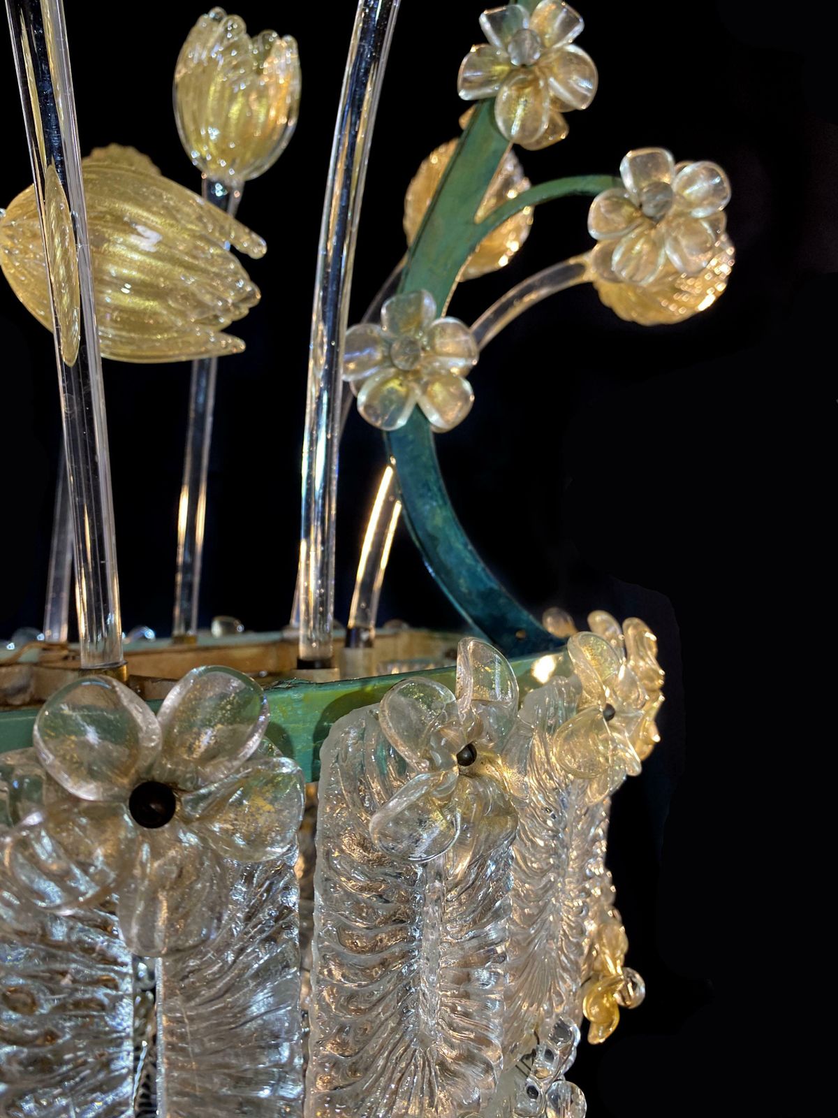 Amazing Glass Flower Chandelier With Gold Inclusions Murano 1950s photo vintage