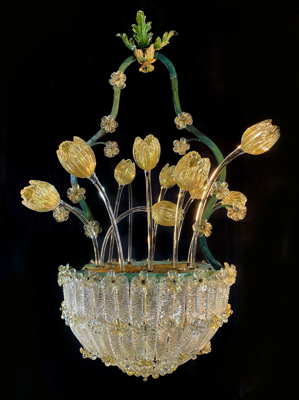Lighting Amazing Glass Flower Chandelier With Gold Inclusions Murano 1950s photo