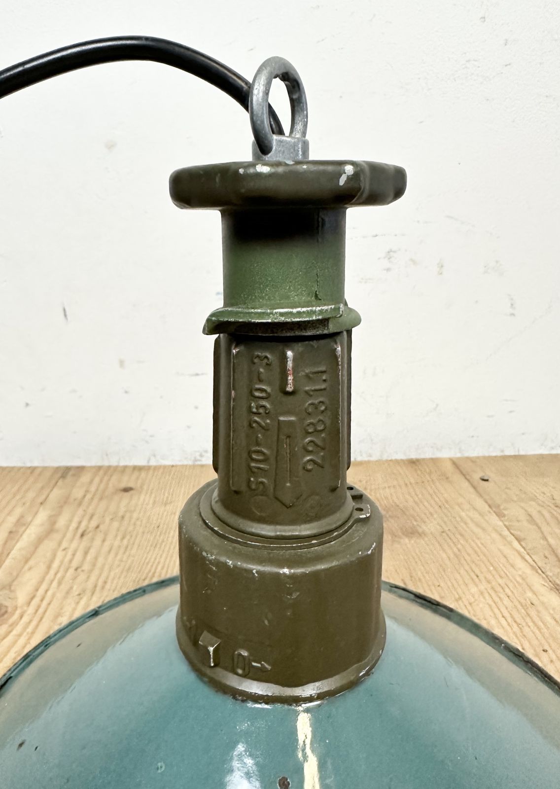 photo for sale Industrial Green Enamel Factory Pendant Lamp With Cast Aluminium Top, 1960s
