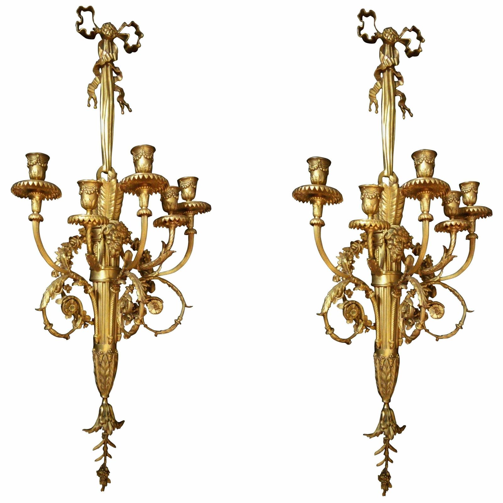 Pair Of Louis XVI Gilded Golden Gilded Bronze Sconces With Five Lights